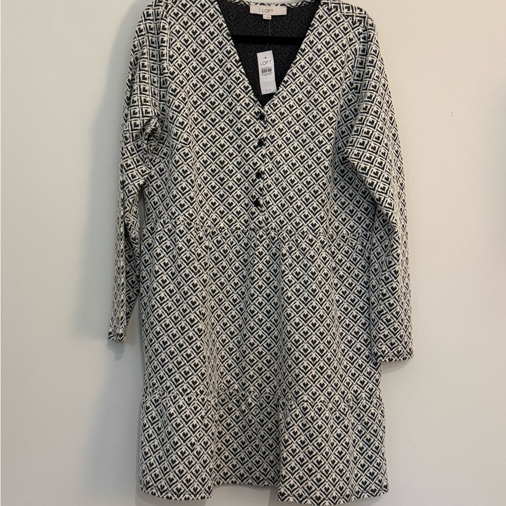 LOFT Black and White Long Sleeve V-Neck Sundress